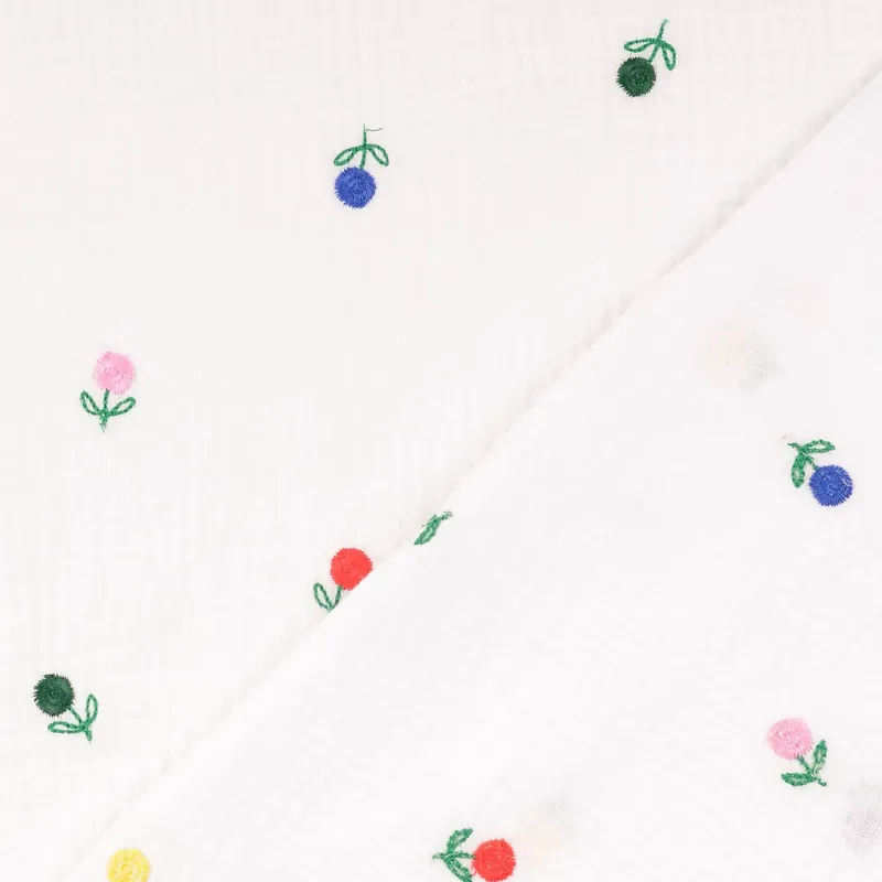 Lägg i varukorgen Bomulls-musselin - Double Gauze blommor broderade vit