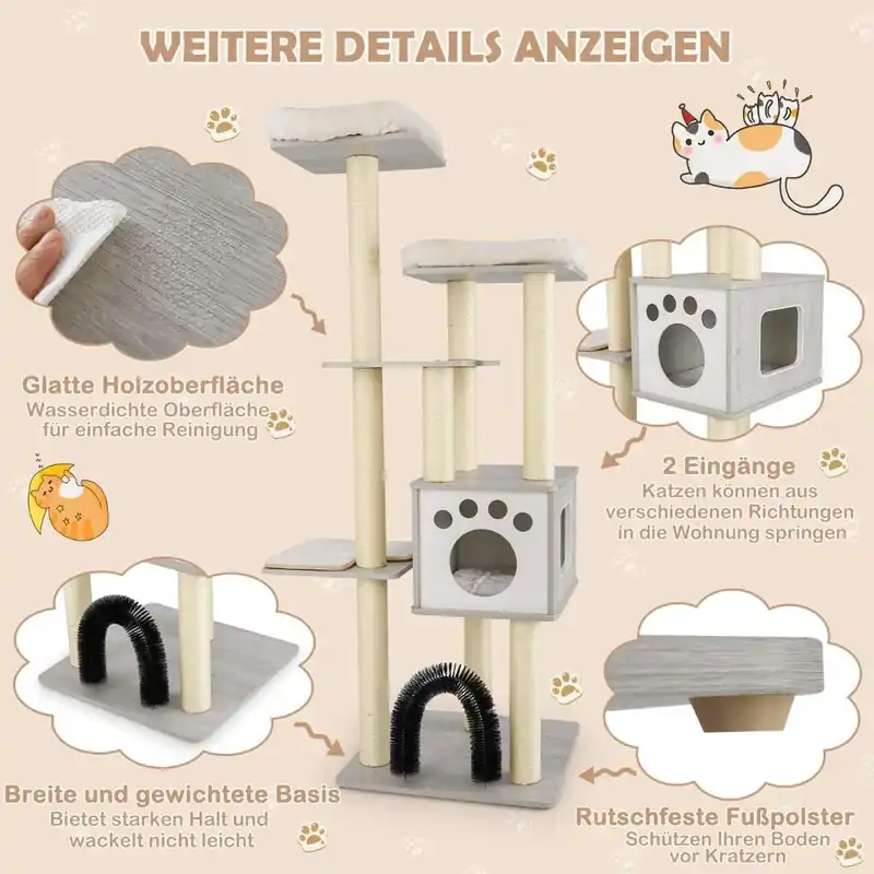 176 cm Cat Tree Tower med mysiga mattor & Cave – Grå Populärt val
