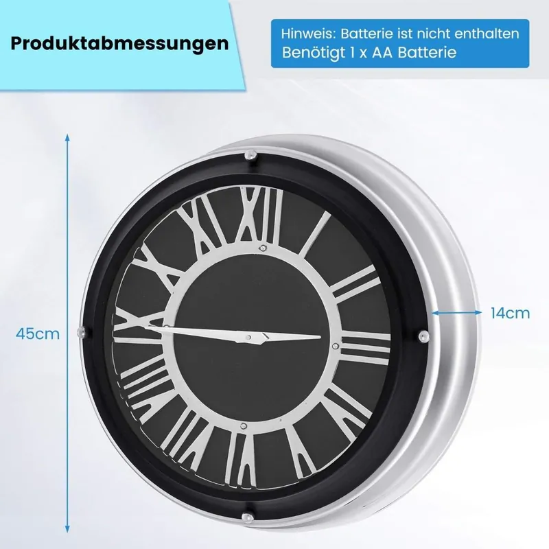 Ø 45 cm tyst väggklocka med silverram & Romersk urtavla utan tickande ljud - Ø 45 cm Snabb frakt